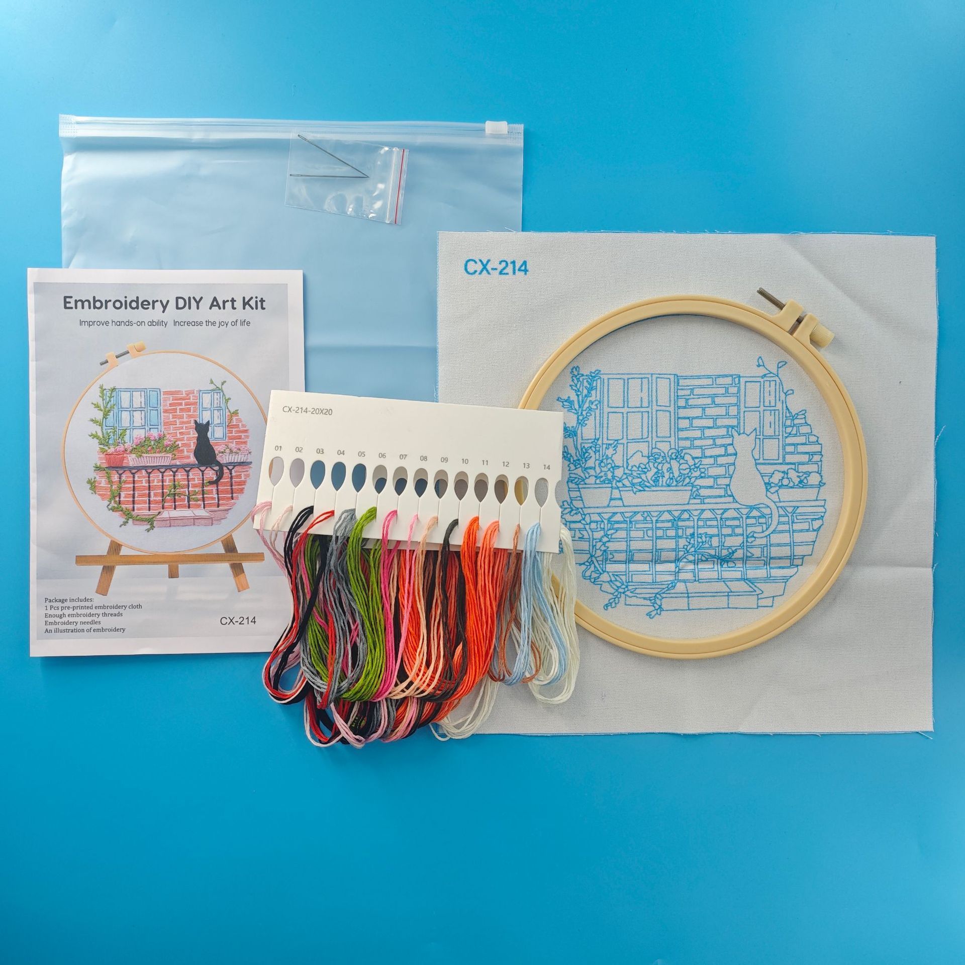 KTX-905939 Cat Landscape Embroidery Kit with Frame and Tools - Modern Cotton and Linen Design 28x28cm