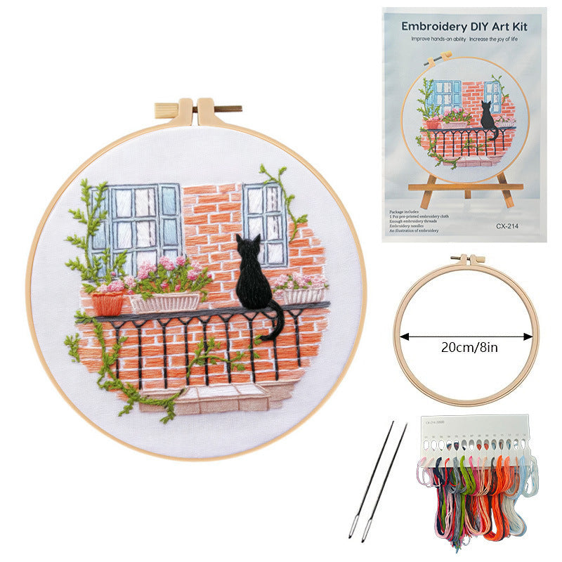 KTX-905939 Cat Landscape Embroidery Kit with Frame and Tools - Modern Cotton and Linen Design 28x28cm