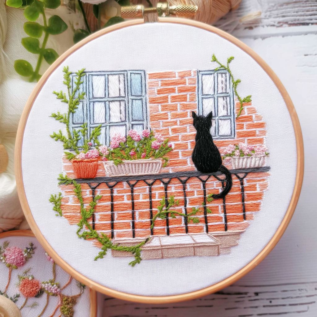 KTX-905939 Cat Landscape Embroidery Kit with Frame and Tools - Modern Cotton and Linen Design 28x28cm