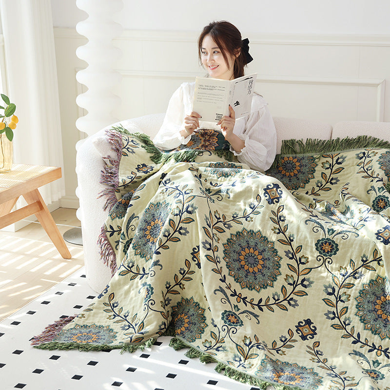 KTX-906899 Double-Sided Pure Cotton Gauze Towel Blanket with Plant and Flower Pattern, Available in Two Sizes