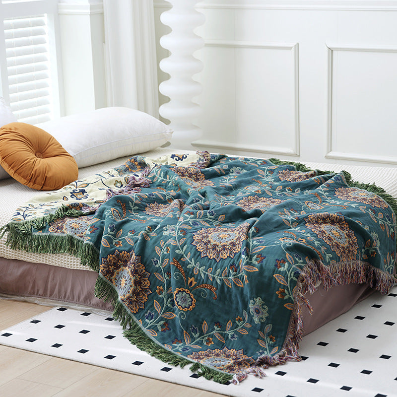 KTX-906899 Double-Sided Pure Cotton Gauze Towel Blanket with Plant and Flower Pattern, Available in Two Sizes