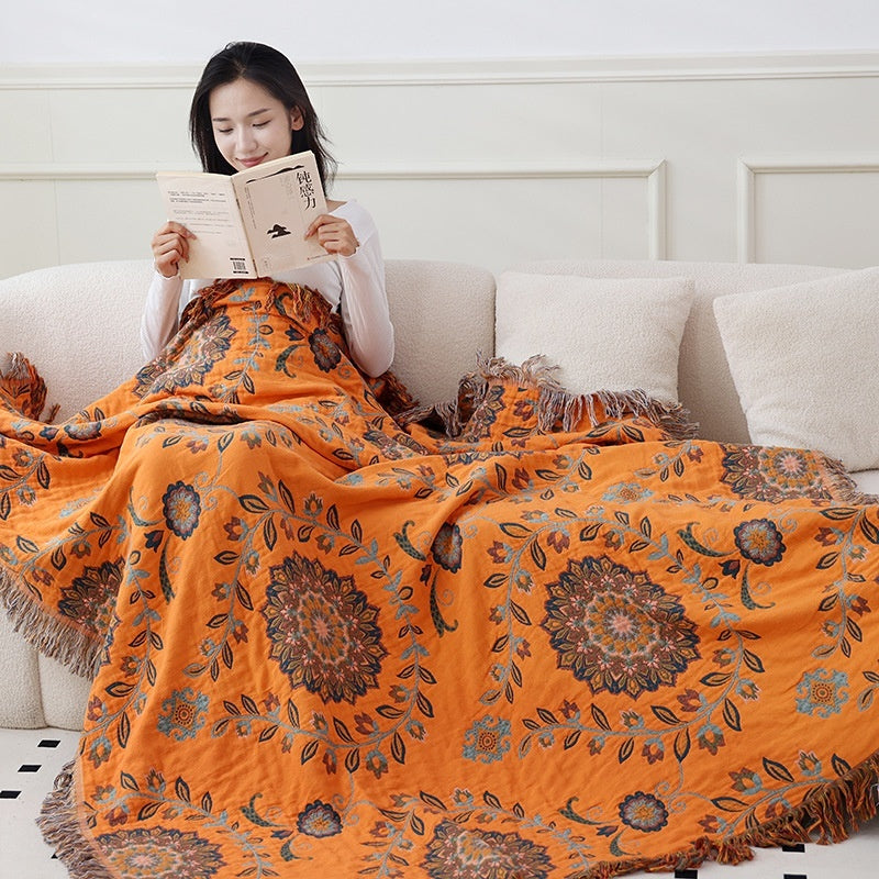 KTX-906899 Double-Sided Pure Cotton Gauze Towel Blanket with Plant and Flower Pattern, Available in Two Sizes