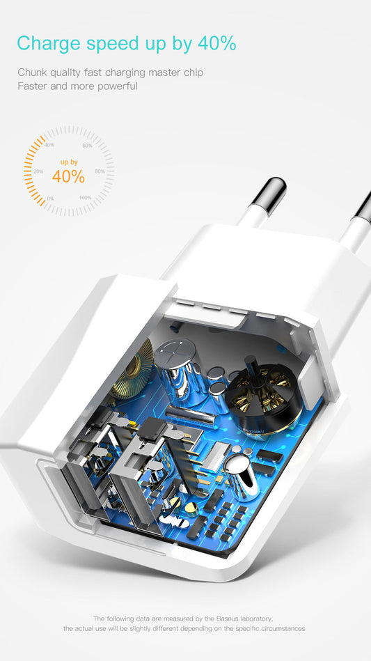 KTX-907155 Universal Dual USB Wall Charger for Mobile Devices, EU Plug, 2100mA Output, Compatible with iPhone Models