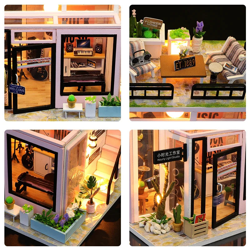 KTX-907347 DIY Wooden Miniature Dollhouse with LED Light - Educational Craft Kit for Kids Ages 6+
