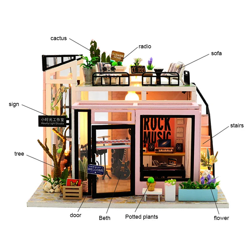 KTX-907347 DIY Wooden Miniature Dollhouse with LED Light - Educational Craft Kit for Kids Ages 6+