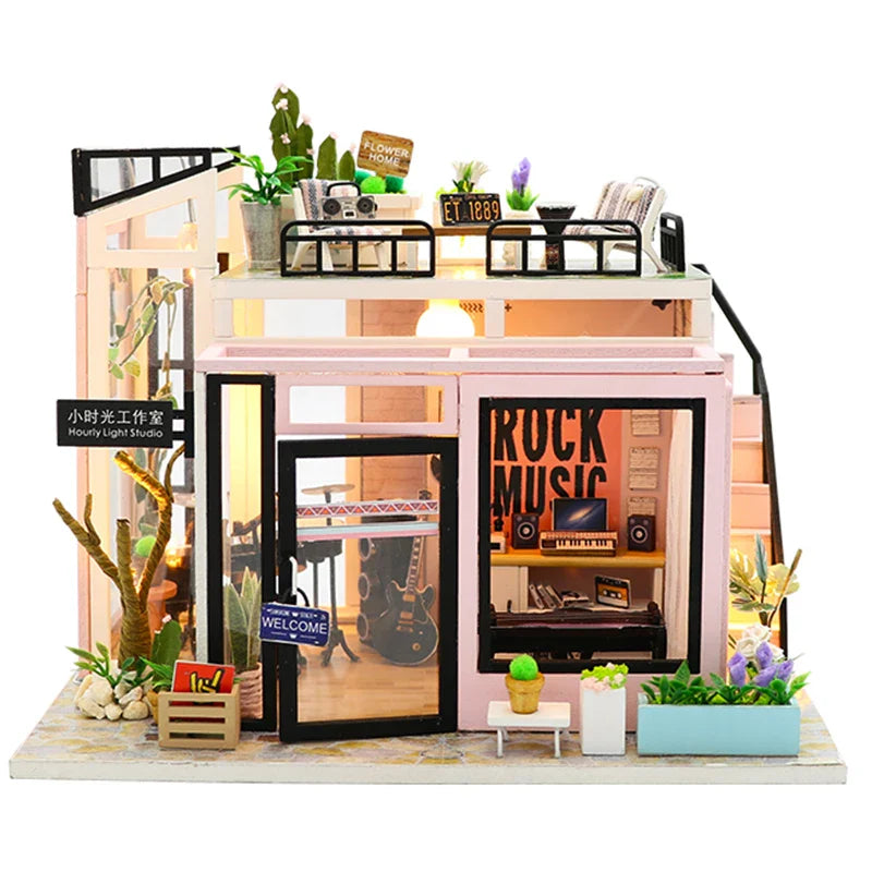 KTX-907347 DIY Wooden Miniature Dollhouse with LED Light - Educational Craft Kit for Kids Ages 6+
