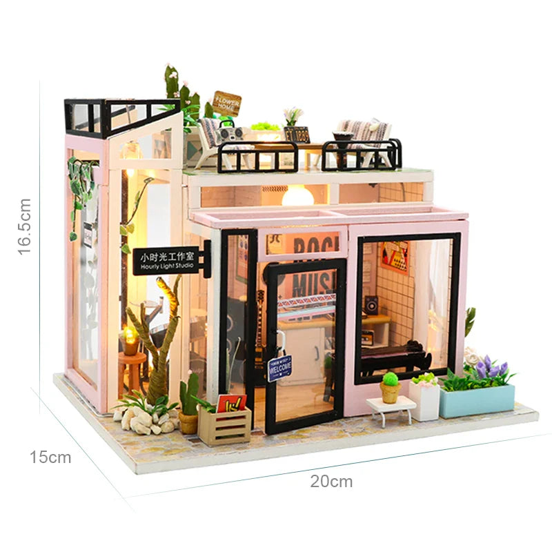 KTX-907347 DIY Wooden Miniature Dollhouse with LED Light - Educational Craft Kit for Kids Ages 6+