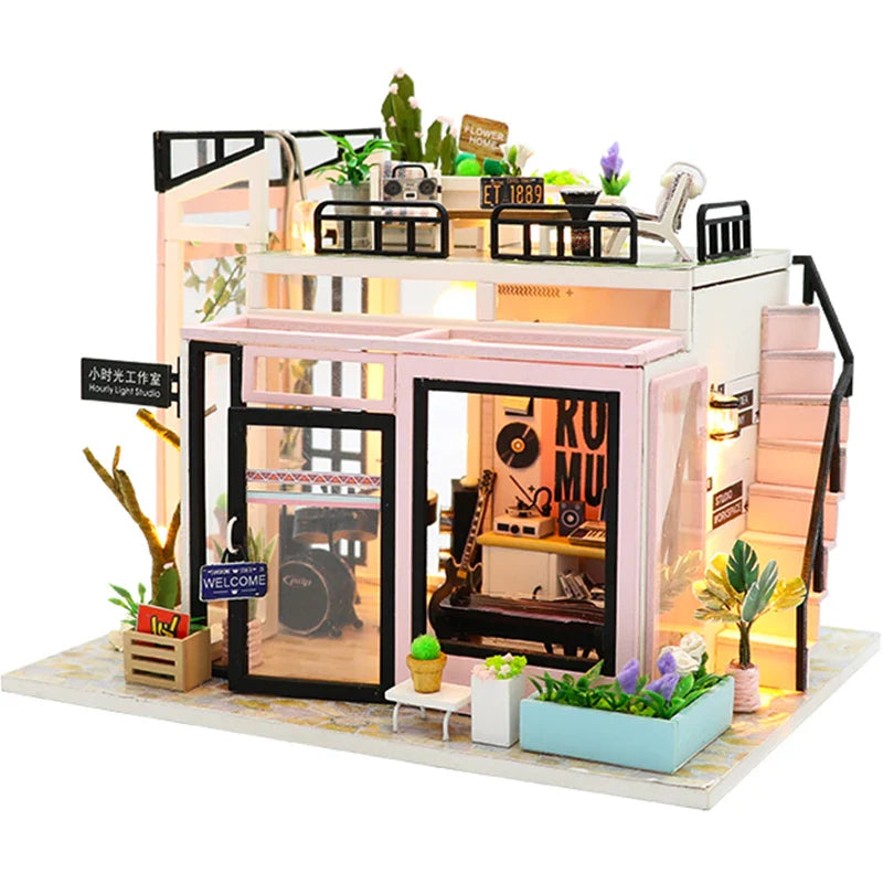 KTX-907347 DIY Wooden Miniature Dollhouse with LED Light - Educational Craft Kit for Kids Ages 6+