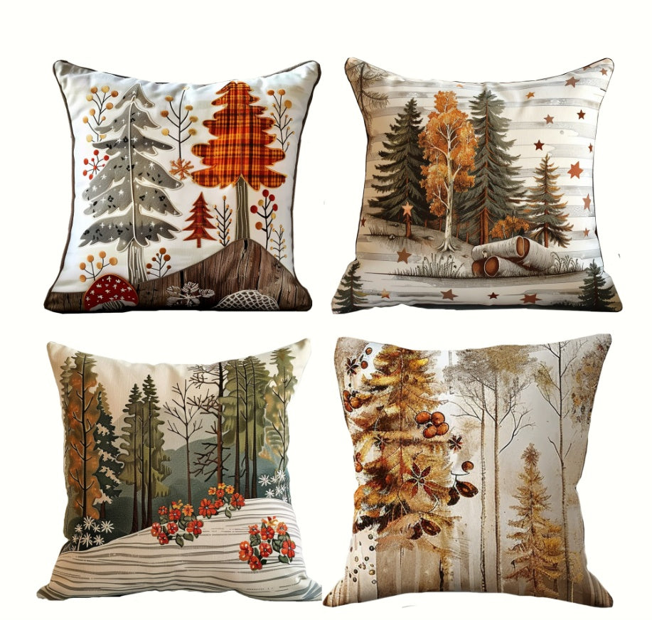 KTX-907923 Set of 4 Maple Leaf Printed Pillow Covers (45 x 45 cm)