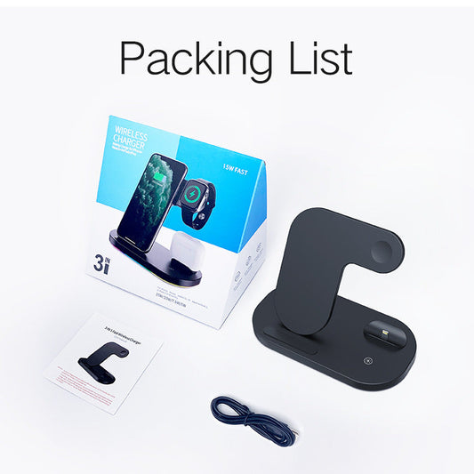 KTX-908307 3-in-1 Wireless Charging Station Compatible with iPhone 12 Pro, XR, AirPods Pro, and iWatch, 15W Quick Charge, Foldable, Black/White