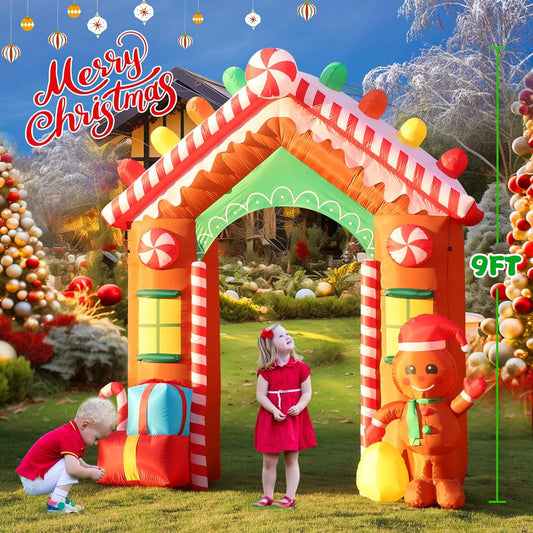 KTX-909587 9 FT Inflatable Christmas Archway with Gingerbread Man and Gift Boxes, LED Lights for Outdoor Holiday Decor