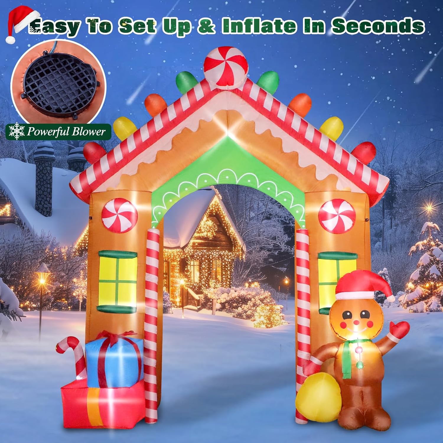 KTX-909587 9 FT Inflatable Christmas Archway with Gingerbread Man and Gift Boxes, LED Lights for Outdoor Holiday Decor