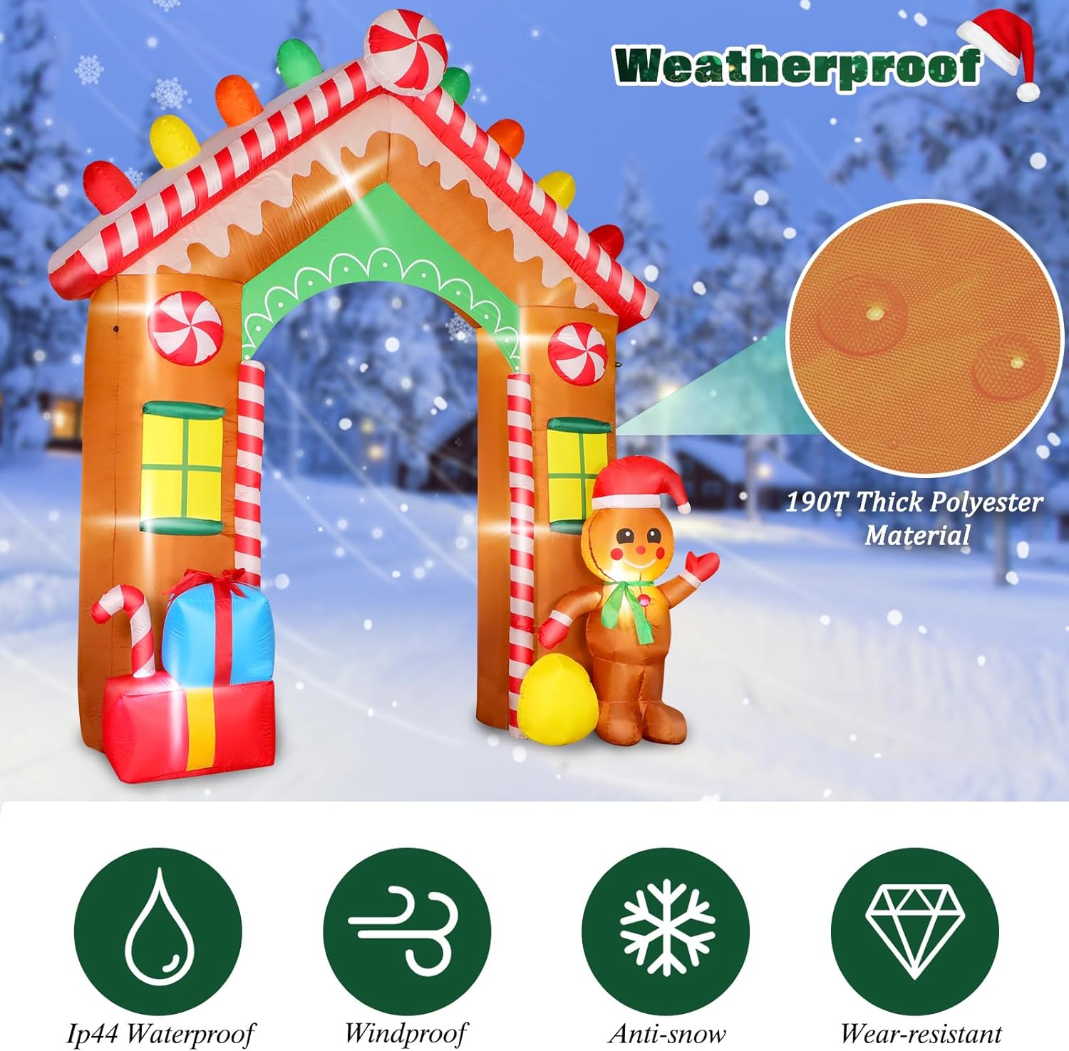 KTX-909587 9 FT Inflatable Christmas Archway with Gingerbread Man and Gift Boxes, LED Lights for Outdoor Holiday Decor