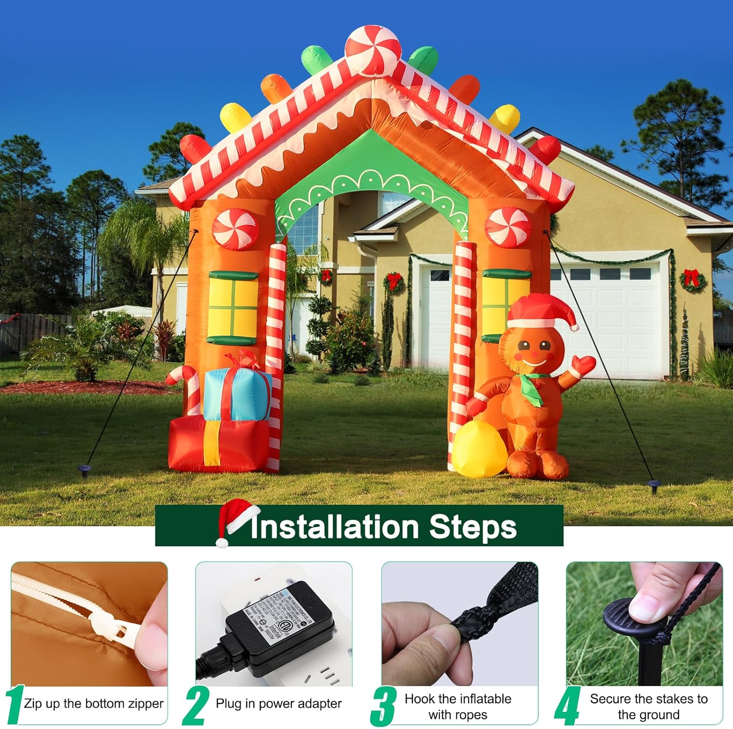 KTX-909587 9 FT Inflatable Christmas Archway with Gingerbread Man and Gift Boxes, LED Lights for Outdoor Holiday Decor