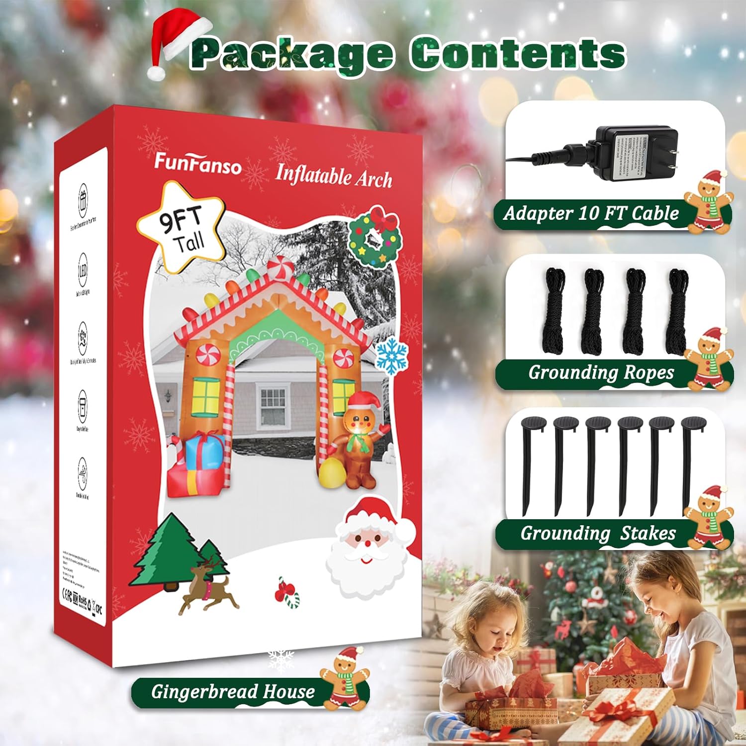 KTX-909587 9 FT Inflatable Christmas Archway with Gingerbread Man and Gift Boxes, LED Lights for Outdoor Holiday Decor