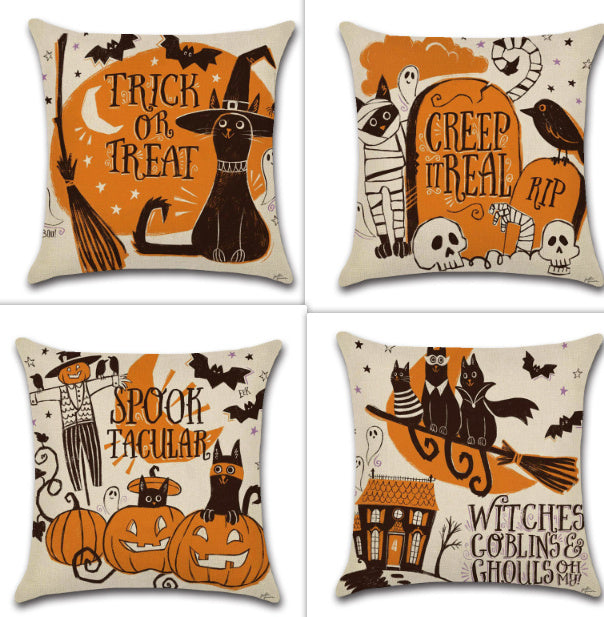 KTX-910227 Halloween Cartoon Linen Throw Pillowcase with Cute Animal and Geometric Patterns, 45x45cm