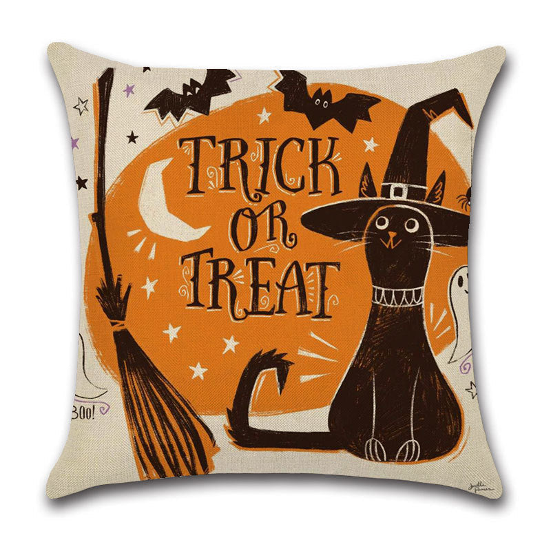 KTX-910227 Halloween Cartoon Linen Throw Pillowcase with Cute Animal and Geometric Patterns, 45x45cm