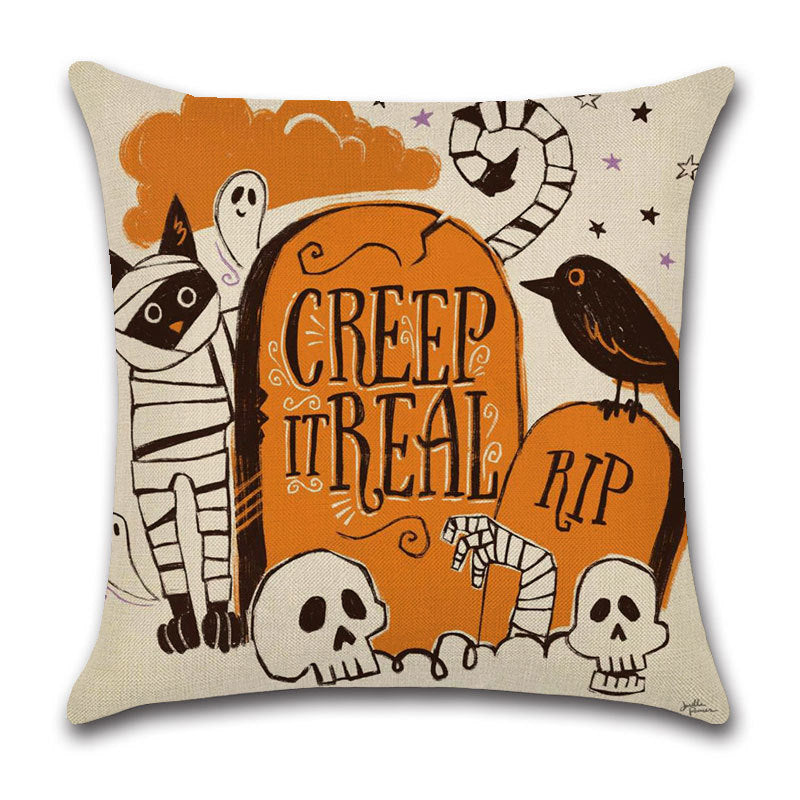 KTX-910227 Halloween Cartoon Linen Throw Pillowcase with Cute Animal and Geometric Patterns, 45x45cm