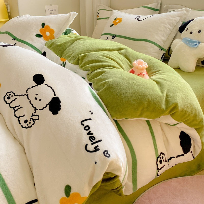 KTX-911699 Coral Velvet Four-Piece Bedding Set with Milk Fiber, Double-Sided Quilt Cover and Fitted Sheets