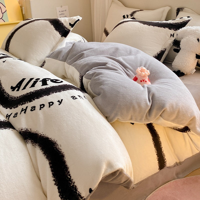 KTX-911699 Coral Velvet Four-Piece Bedding Set with Milk Fiber, Double-Sided Quilt Cover and Fitted Sheets