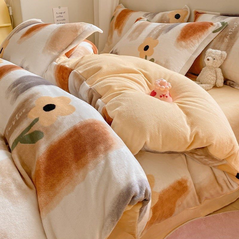 KTX-911699 Coral Velvet Four-Piece Bedding Set with Milk Fiber, Double-Sided Quilt Cover and Fitted Sheets