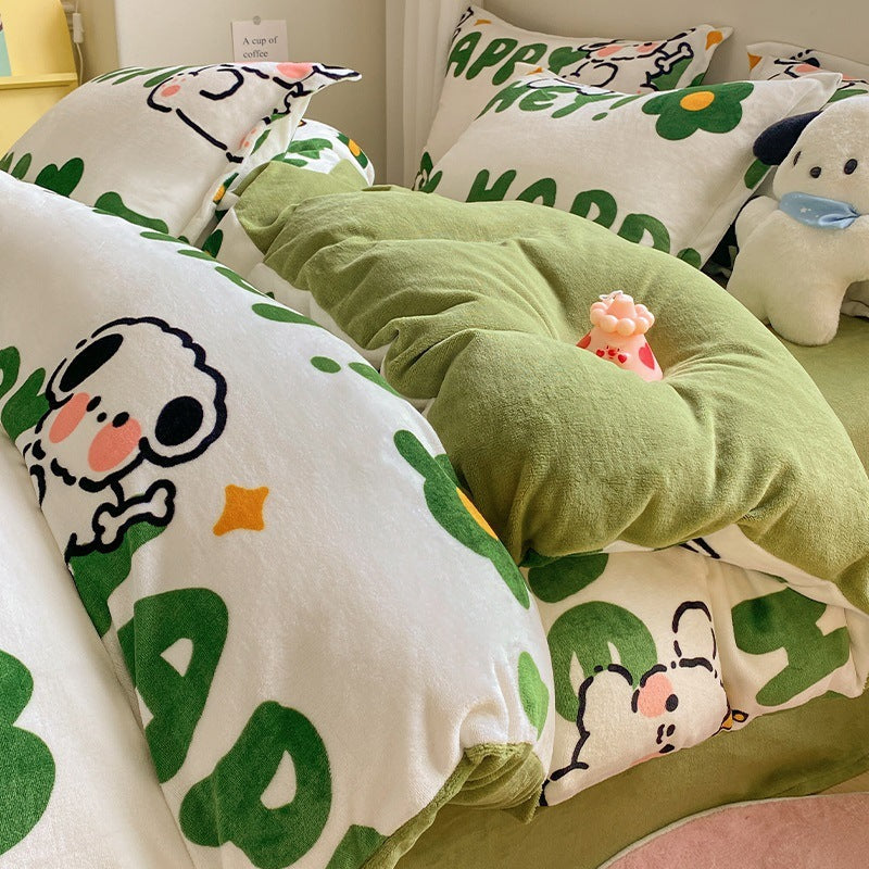 KTX-911699 Coral Velvet Four-Piece Bedding Set with Milk Fiber, Double-Sided Quilt Cover and Fitted Sheets