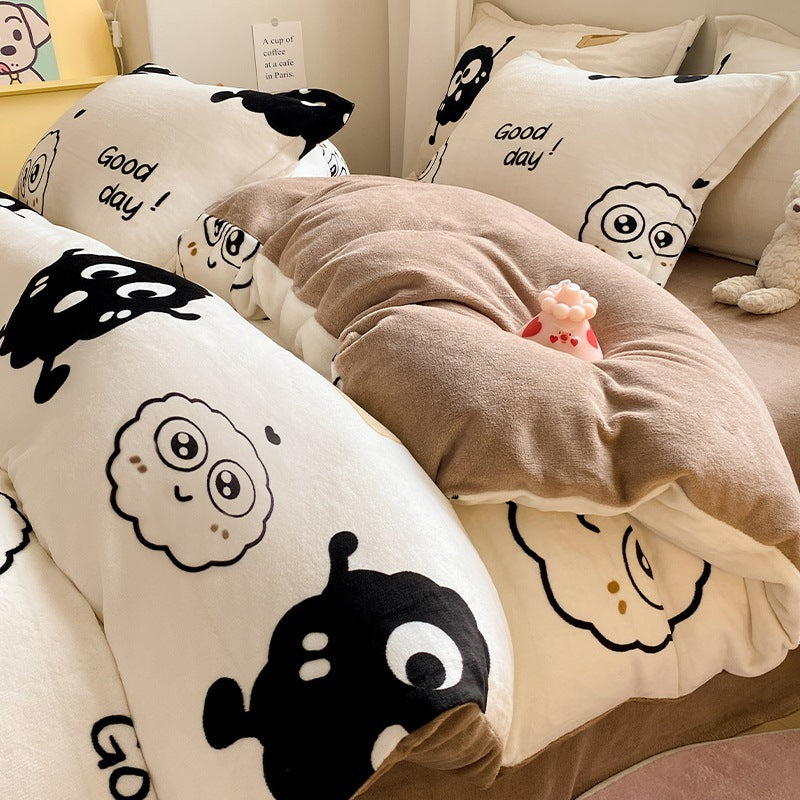 KTX-911699 Coral Velvet Four-Piece Bedding Set with Milk Fiber, Double-Sided Quilt Cover and Fitted Sheets