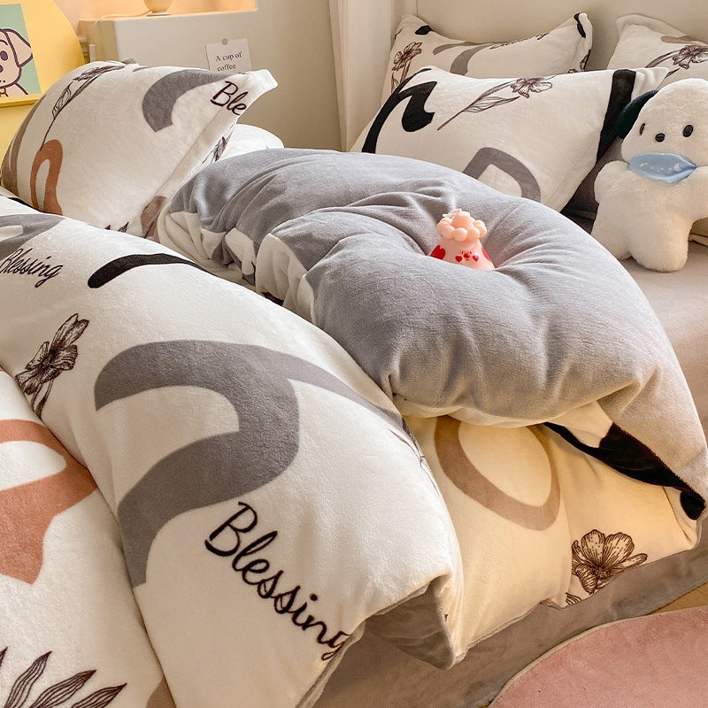 KTX-911699 Coral Velvet Four-Piece Bedding Set with Milk Fiber, Double-Sided Quilt Cover and Fitted Sheets