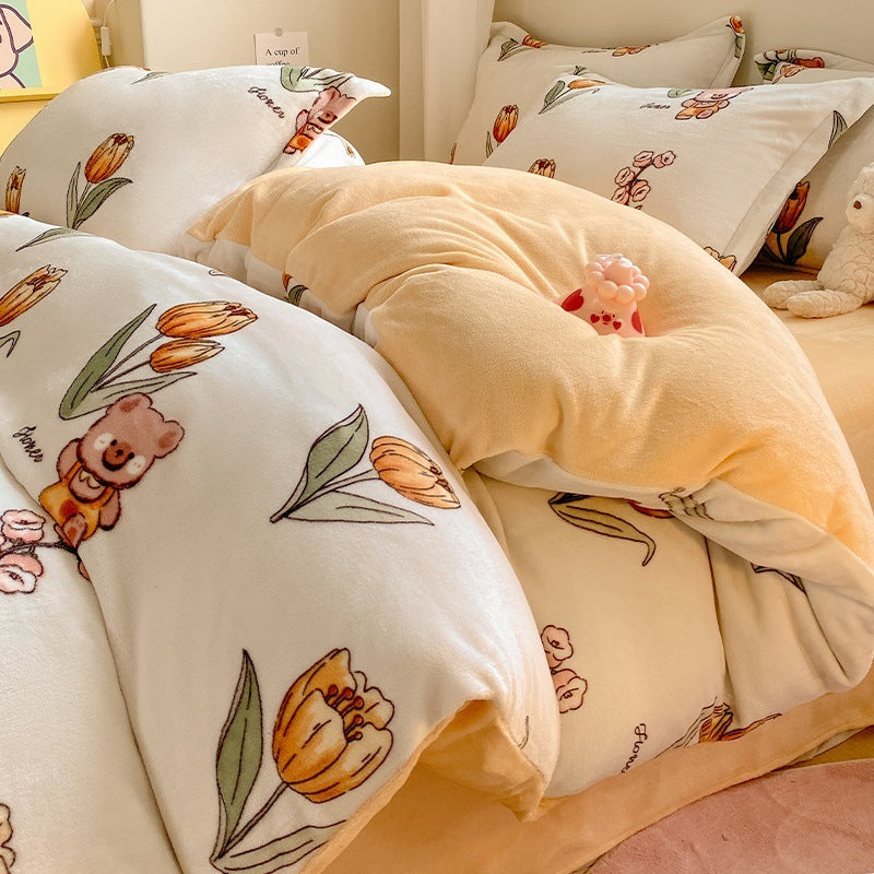 KTX-911699 Coral Velvet Four-Piece Bedding Set with Milk Fiber, Double-Sided Quilt Cover and Fitted Sheets