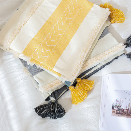 KTX-914003 Cotton Stripe Tassel Blanket for Spring and Autumn, 130x170cm, Muman-Yellow and Muman-Gray Options