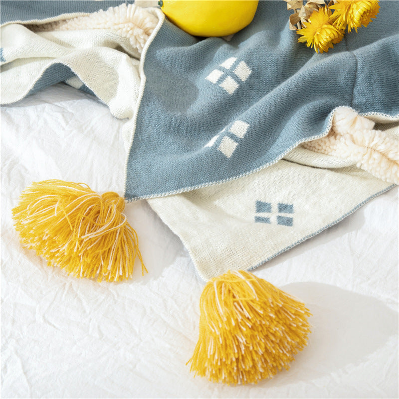 KTX-914003 Cotton Stripe Tassel Blanket for Spring and Autumn, 130x170cm, Muman-Yellow and Muman-Gray Options