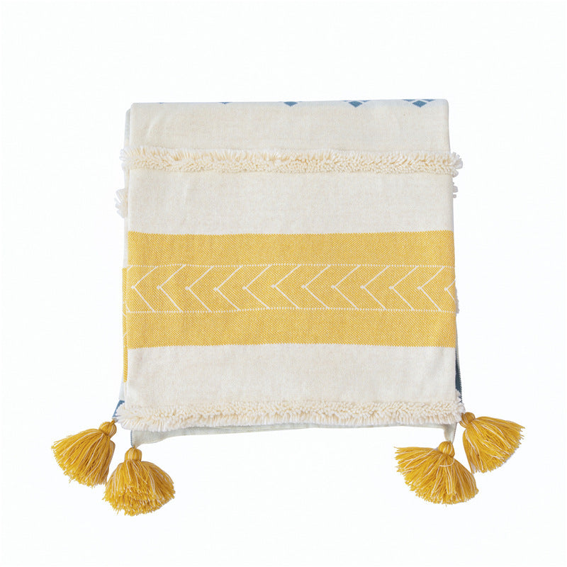 KTX-914003 Cotton Stripe Tassel Blanket for Spring and Autumn, 130x170cm, Muman-Yellow and Muman-Gray Options