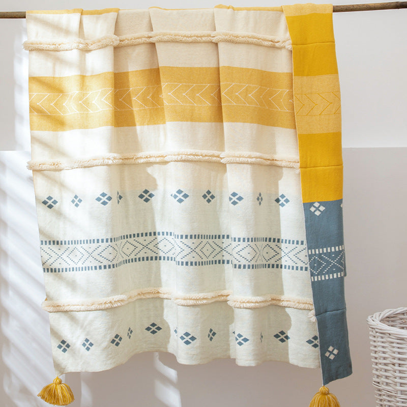 KTX-914003 Cotton Stripe Tassel Blanket for Spring and Autumn, 130x170cm, Muman-Yellow and Muman-Gray Options