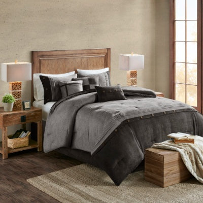 KTX-914835 Faux Suede 7-Piece Comforter Set in Grey, Tan, and Brown for King/Queen/California King Beds