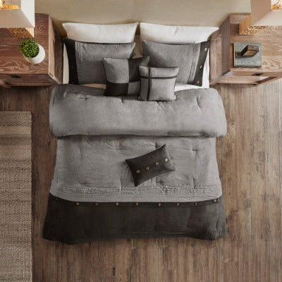 KTX-914835 Faux Suede 7-Piece Comforter Set in Grey, Tan, and Brown for King/Queen/California King Beds