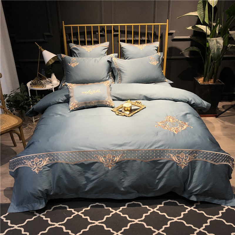 KTX-914835 Pure Cotton Four-Piece Bed Sheet Duvet Cover Set with Embroidery in Various Colors