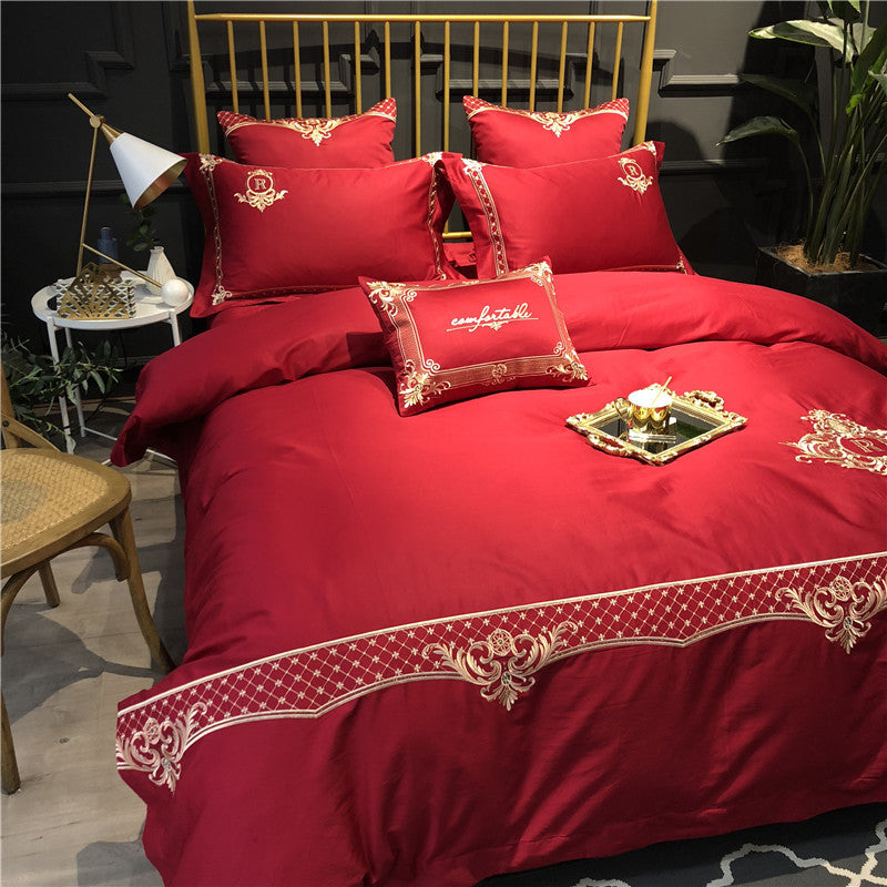 KTX-914835 Pure Cotton Four-Piece Bed Sheet Duvet Cover Set with Embroidery in Various Colors
