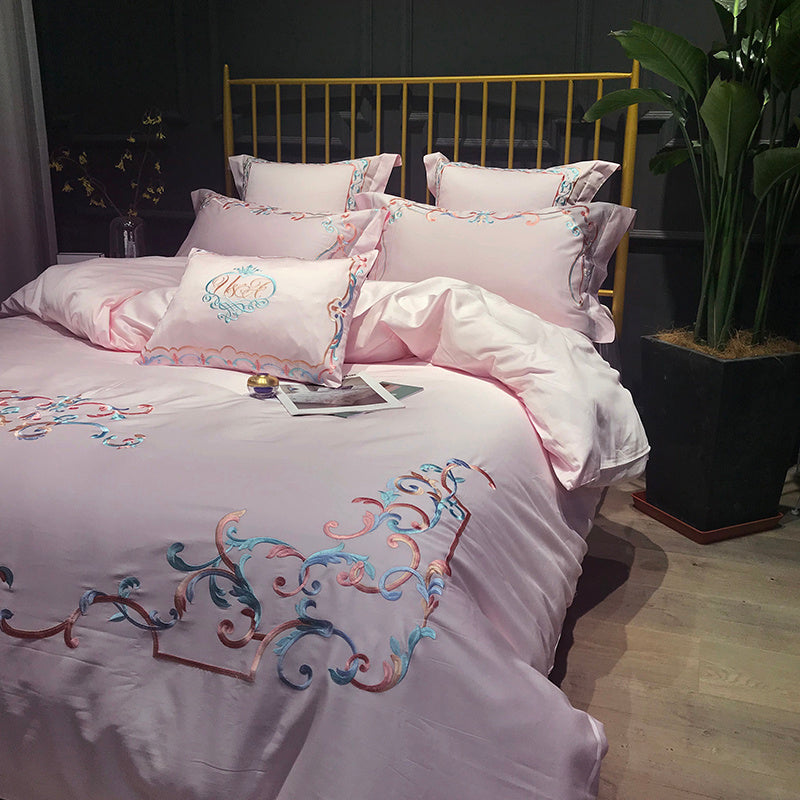 KTX-914835 Pure Cotton Four-Piece Bed Sheet Duvet Cover Set with Embroidery in Various Colors