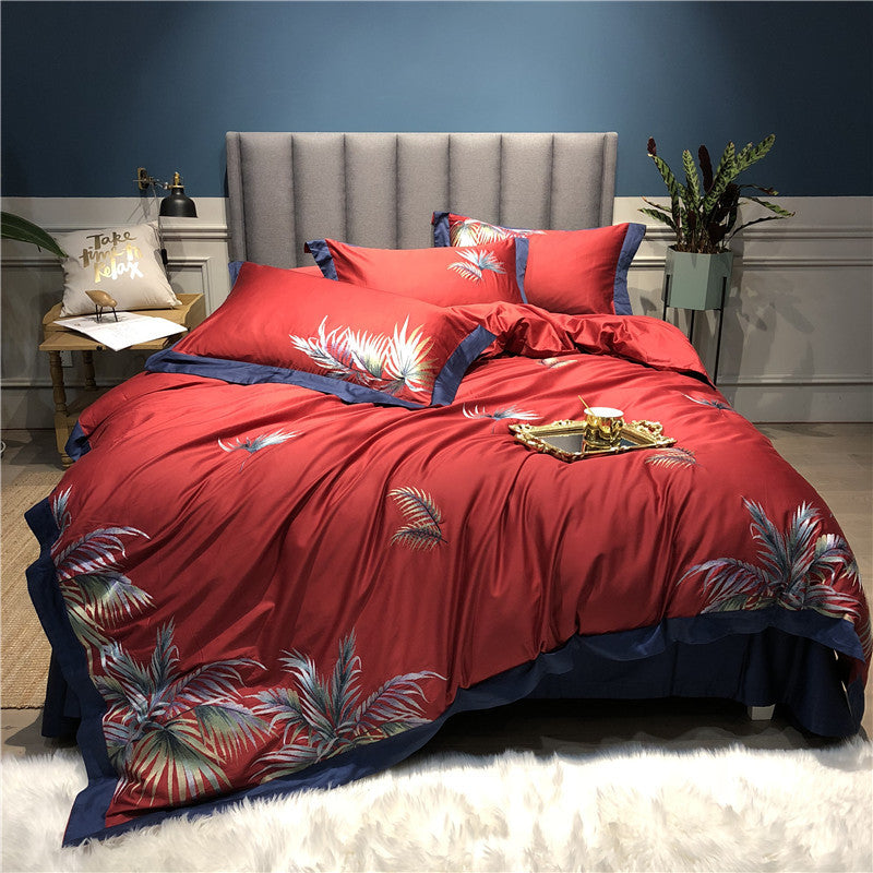 KTX-914835 Pure Cotton Four-Piece Bed Sheet Duvet Cover Set with Embroidery in Various Colors