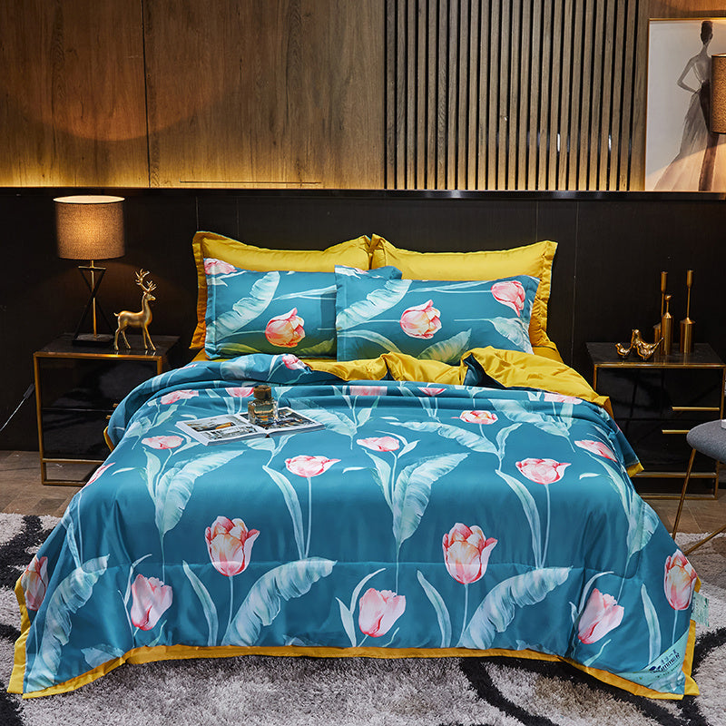 KTX-915155 Tiansi Summer Four-Piece Cooling Quilt Set - Machine Washable Tencel Bed Cover for Single and Double Beds