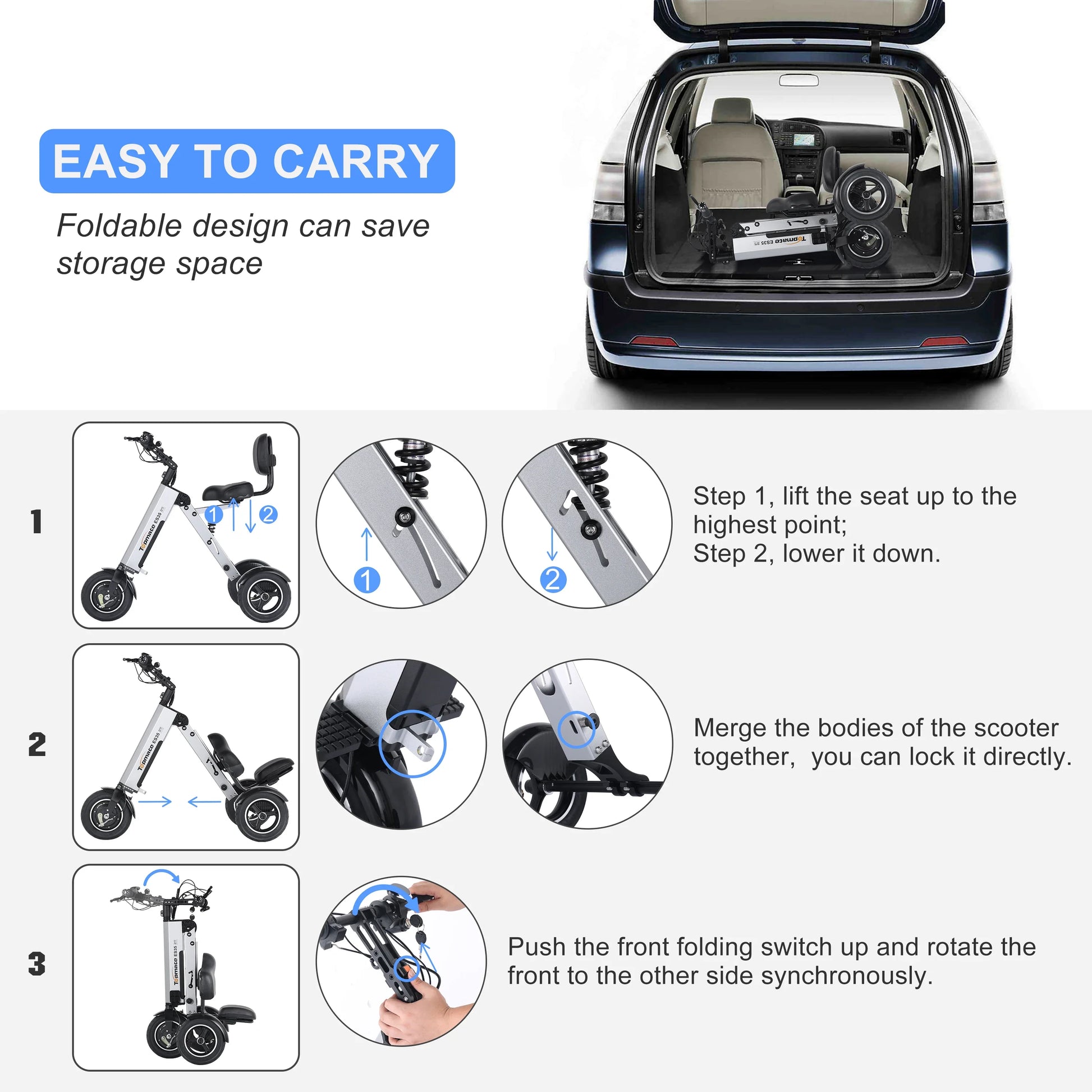 KTX-916499 Folding Electric Tricycle Mobility Scooter with Backrest Seat for Adults, Lightweight and Removable Battery