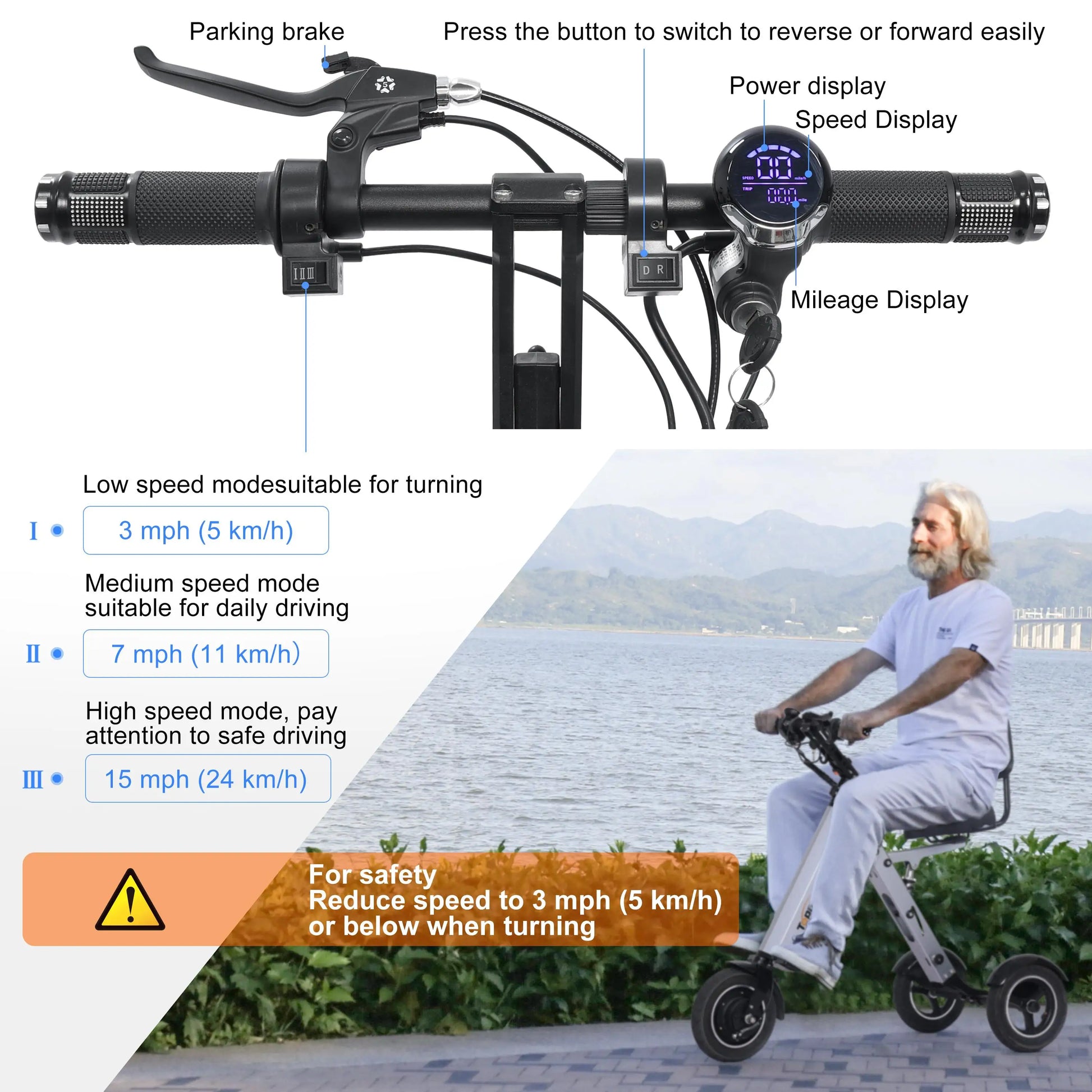 KTX-916499 Folding Electric Tricycle Mobility Scooter with Backrest Seat for Adults, Lightweight and Removable Battery