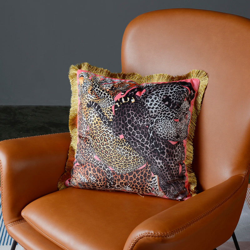 KTX-918355 Nordic Square Plush Cushion Pillowcase with Leopard Tassel Print for Living Room