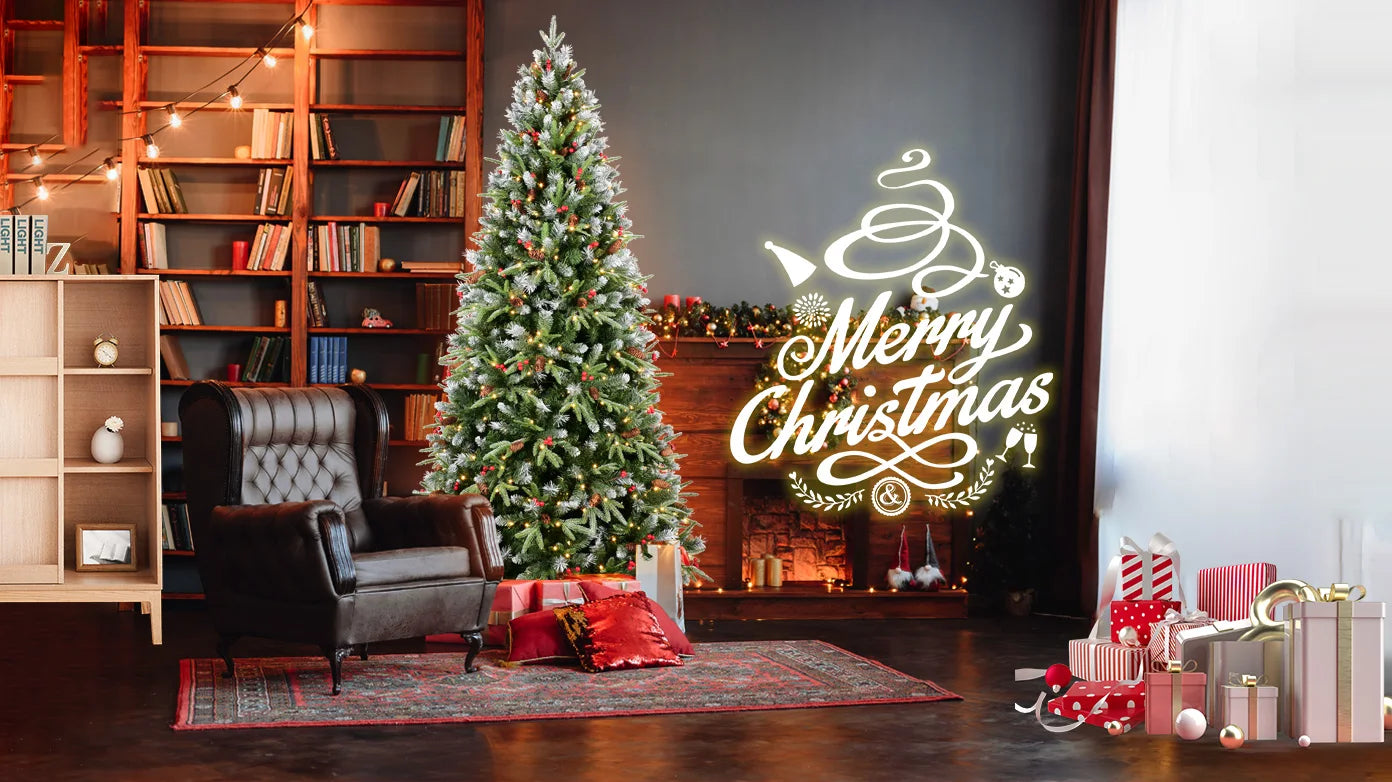 KTX-921363 9FT Snow-Tipped Christmas Tree with 750 Warm White LED Lights, Red Berries, Pine Cones, Hinged Design