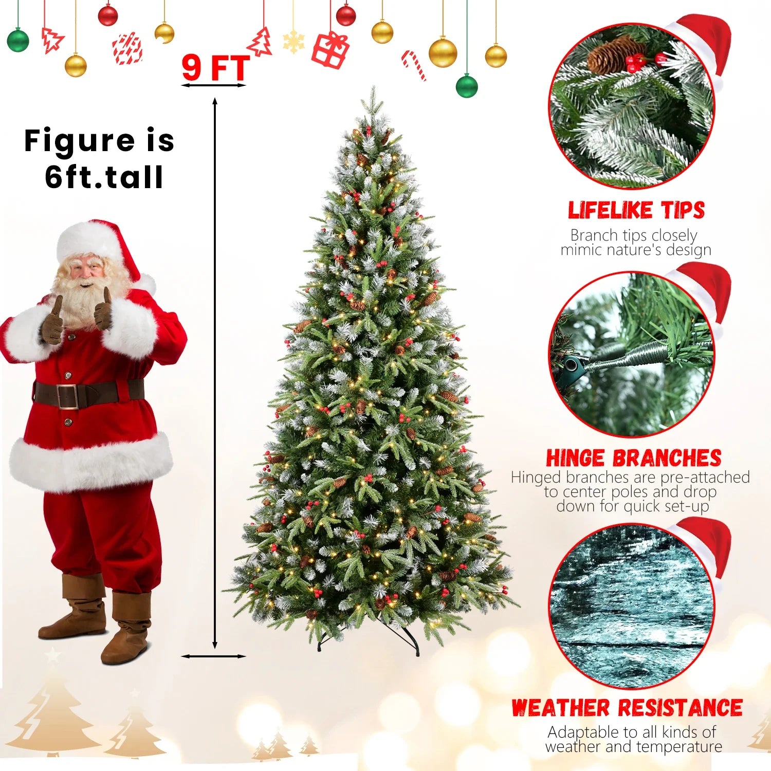 KTX-921363 9FT Snow-Tipped Christmas Tree with 750 Warm White LED Lights, Red Berries, Pine Cones, Hinged Design