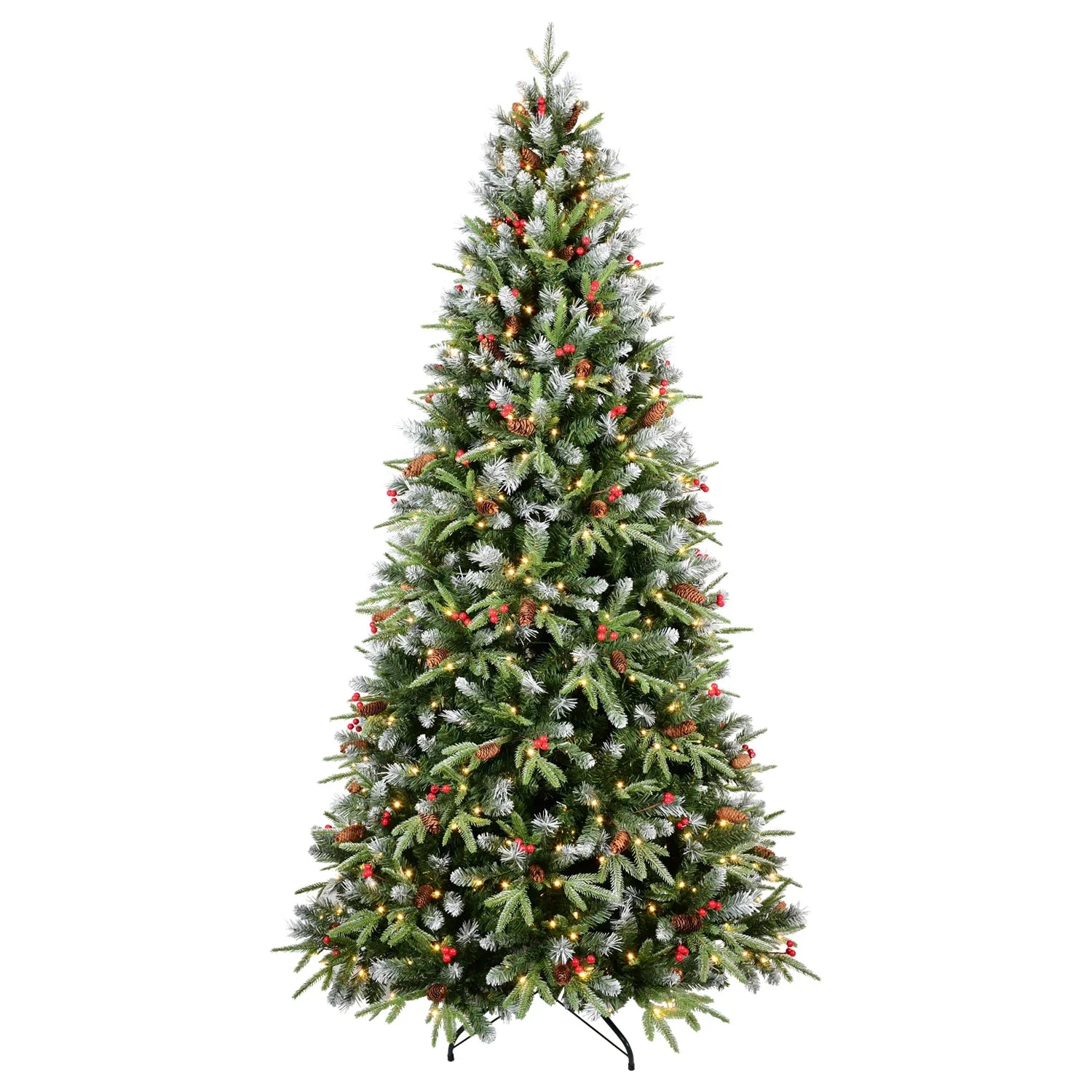 KTX-921363 9FT Snow-Tipped Christmas Tree with 750 Warm White LED Lights, Red Berries, Pine Cones, Hinged Design
