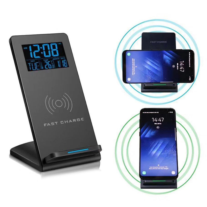 KTX-922963 Wireless Charging Alarm Clock with Mobile Phone Holder, LCD Display, Temperature & Perpetual Calendar