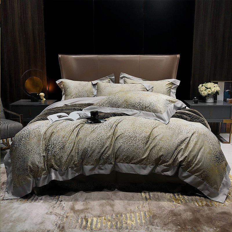 KTX-923219 Cotton Leopard Print Duvet Cover Set - 4 Pieces with Pillowcases and Quilt Cover