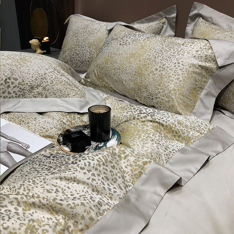 KTX-923219 Cotton Leopard Print Duvet Cover Set - 4 Pieces with Pillowcases and Quilt Cover
