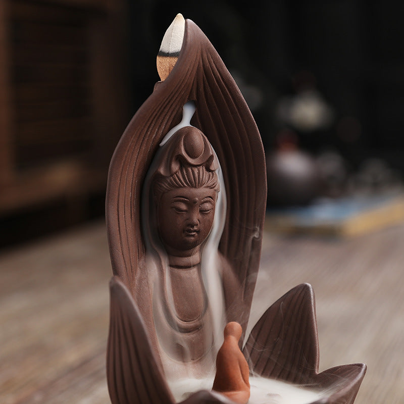 KTX-923987 Lotus Guanyin Backflow Incense Burner - Purple Sand Aromatherapy Home Decoration Craft